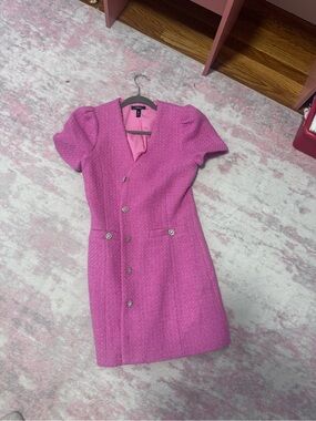 Aqua Hot Pink Tweed Button-Front Mini Dress